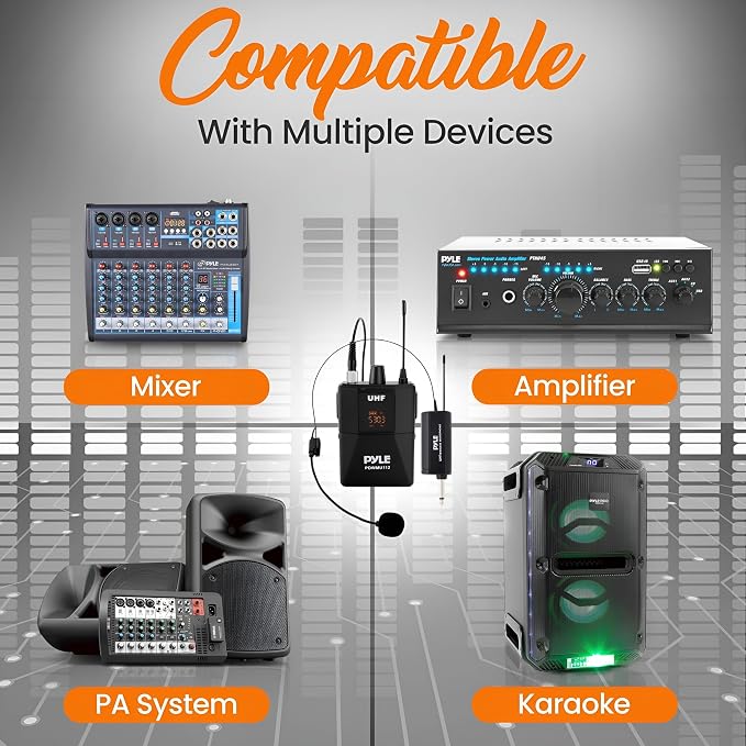 Pyle UHF Wireless Microphone System Kit - Portable Professional Cordless Microphone Set with Headset, Lavalier, Beltpack Transmitter, Receiver - Karaoke & Conference