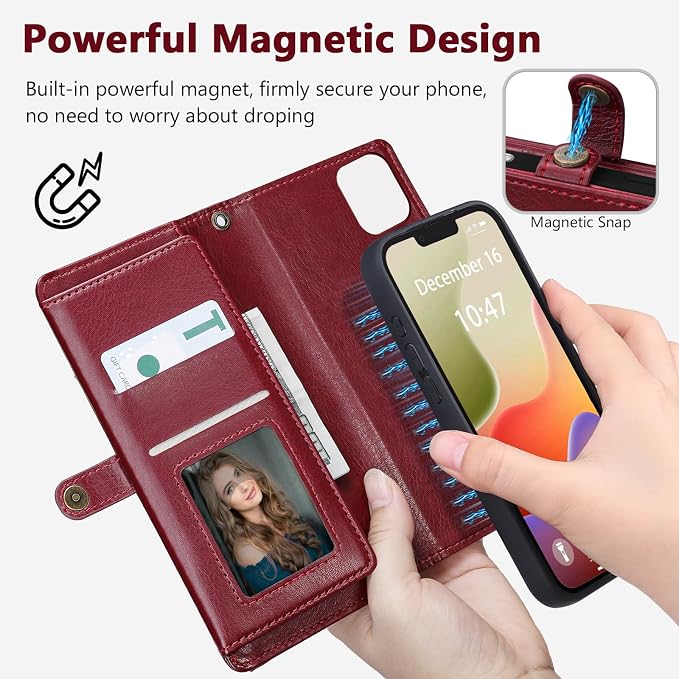 Wallet Case for iPhone 14 Plus with Card Holder/Crossbody Wallet/Strap| RFID Blocking | Magnetic | Kickstand | Detachable | PU Leather Phone Case for iPhone 14 Plus,6.7 in,Wine Red