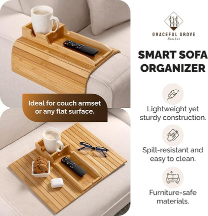 Bamboo Sofa Arm Tray Table with Cup Holder & 2 Cork Coasters, Phone Slot & Charging Cable Holder, Foldable Couch Arm Tray with Non Slip Base, Couch Cup Holder for Drinks, Remote, Snacks