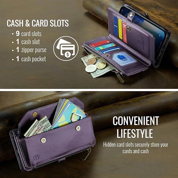 Strapurs Wallet Case Compatible with iPhone 17 Pro 6.3" RFID Blocking 9-Card Holder Soft PU Leather Magnetic Snap Shoulder Strap Zipper Pocket Phone Case Fit for iPhone 17 Pro for Women - Purple