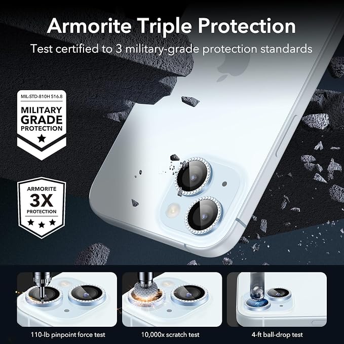 ESR 2 Pack Camera Lens Protector for iPhone 15/15 Plus/14/14 Plus, Ultra-tough HD Individual Lens Protectors, Scratch Resistant, Ultra-thin Tempered Glass, Armorite Series, Rhinestone Blue