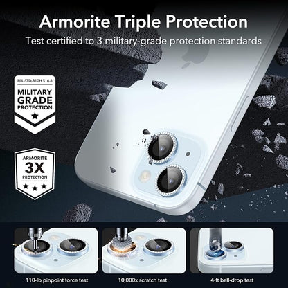 ESR 2 Pack Camera Lens Protector for iPhone 15/15 Plus/14/14 Plus, Ultra-tough HD Individual Lens Protectors, Scratch Resistant, Ultra-thin Tempered Glass, Armorite Series, Rhinestone Blue