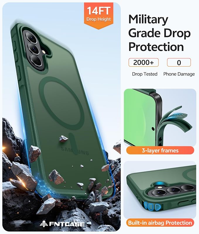 FNTCASE for Galaxy A37/A36 5G Phone Case, Fit for Magsafe, Screen Protector | Translucent Matte Magnetic Back, 14FT Military Grade Drop Protection, Shockproof Protective, for Samsung A37 Cover, Green