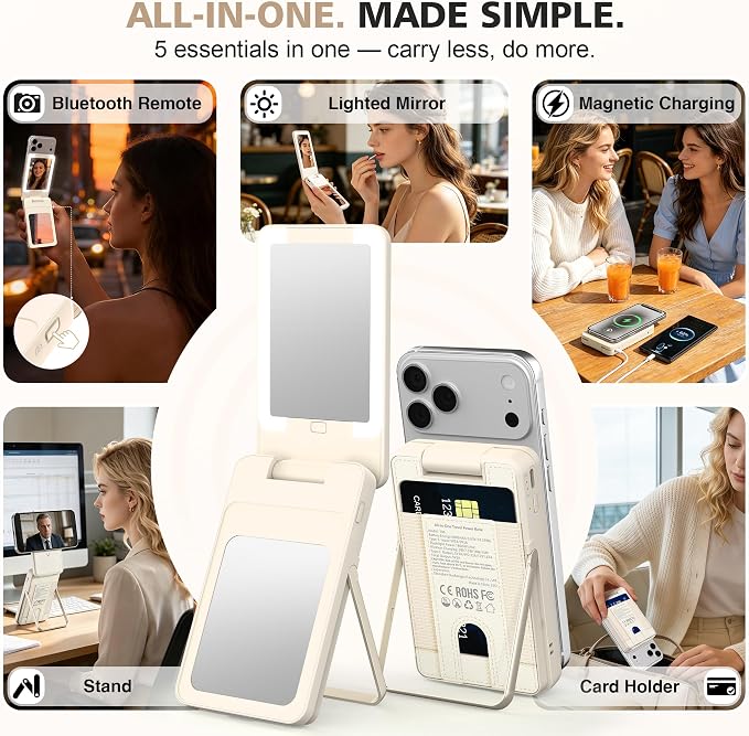 Magnetic Wireless Power Bank 5-in-1, 5000mAh Portable Charger with LED Mirror, Phone Stand, Card Holder & Bluetooth Remote, 20W Fast Charging for iPhone & Android, Travel Essential for Women