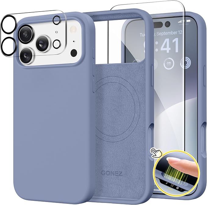 GONEZ Magnetic for iPhone 17 Pro Max Case, Compatible with MagSafe, [Screen Protector + Camera Lens Protector], Liquid Silicone Anti-Scratch Shockproof Protective Phone Case 6.9 inch, Lavender Gray