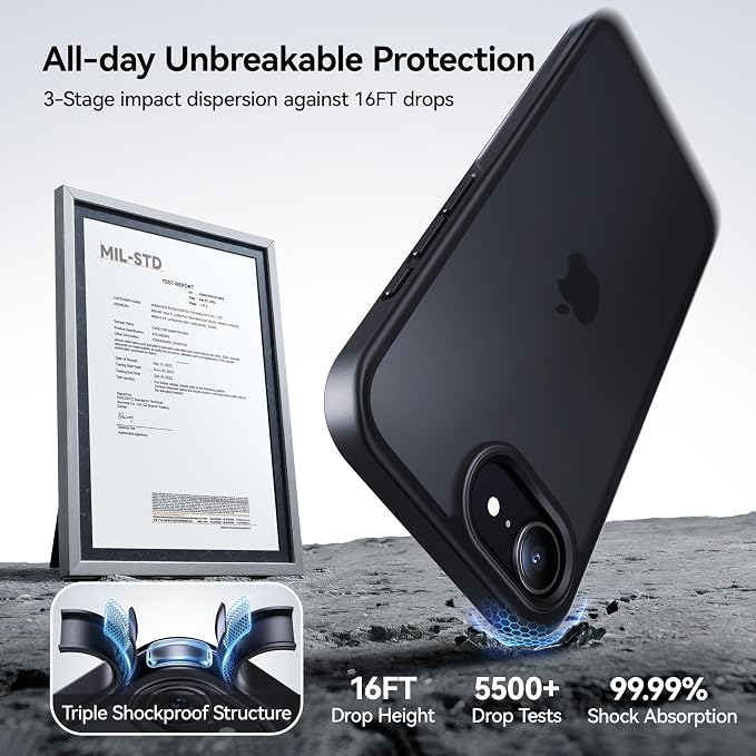 CASEKOO Armor Shockproof for iPhone 17e/ 16e case [16FT Military Grade Protection] Slim Translucent Matte Protective Phone Case Anti-Fingerprint Thin Slim Hard Cover for iPhone 17e/16e 6.1'', Black
