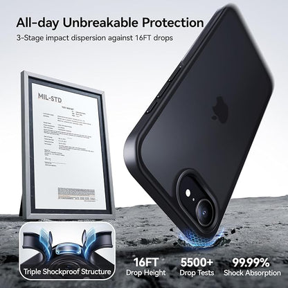 CASEKOO Armor Shockproof for iPhone 17e/ 16e case [16FT Military Grade Protection] Slim Translucent Matte Protective Phone Case Anti-Fingerprint Thin Slim Hard Cover for iPhone 17e/16e 6.1'', Black