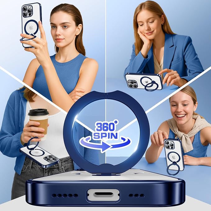GolbinBox for iPhone 16 Pro Max Case with 360° Spin Magnetic Stand,[Compatible with Magsafe] [Military Protection][Built-in Ring Holder] Camera Control Phone Case for 16 Pro Max,Dark Blue/Clear