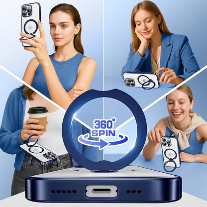 GolbinBox for iPhone 16 Pro Max Case with 360° Spin Magnetic Stand,[Compatible with Magsafe] [Military Protection][Built-in Ring Holder] Camera Control Phone Case for 16 Pro Max,Dark Blue/Clear