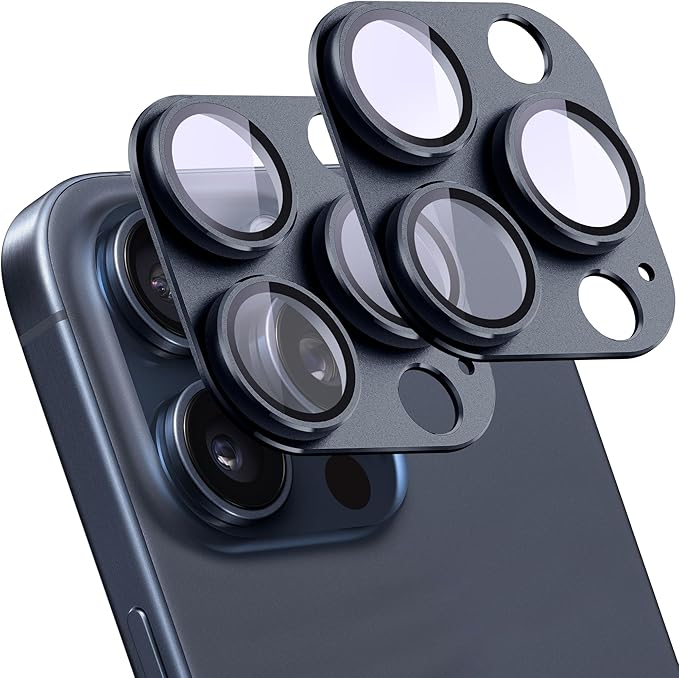 2 Pack Camera Lens Protector for iPhone 15 Pro/15 Pro Max,Metal AR Tempered Glass Rear Camera Screen Cover,Anti-Scratch,Strong Adsorption,Case Friendly, Easy to Install-Inky Blue