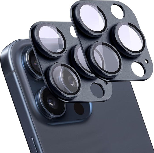 2 Pack Camera Lens Protector for iPhone 15 Pro/15 Pro Max,[Not Easy to Breakn ] AR Tempered Glass Strong Adsorption Metal Camera Cover Screen-Inky blue