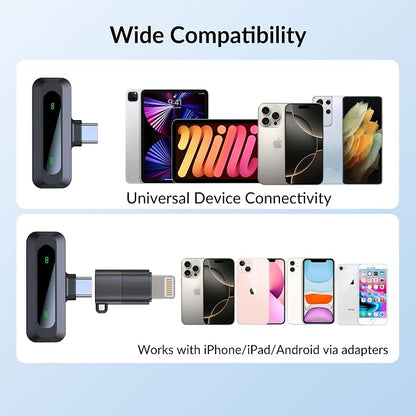 Wireless Mini Microphone for iPhone 15/16, iPad, Android, Wireless Lavalier Microphone with Noise Reduction, Portable USB C Lapel Mic for Video Recording, Vlog, Tiktok, YouTube
