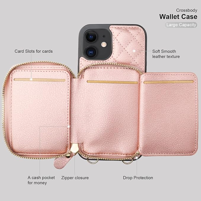 Bocasal Crossbody Wallet Case for iPhone 12/12 Pro, RFID Blocking PU Leather Zipper Handbag Purse Flip Cover, Kickstand Folio Case with Card Slots Holder Wrist Strap Lanyard 5G 6.1 Inch (Rose Gold)