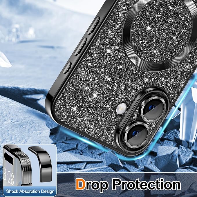 Hython for iPhone 17 Case Glitter Clear Magnetic Phone Cases [Compatible with MagSafe] Full Camera Lens Protector Sparkle Luxury Plating Slim Shockproof Protective Cover Women, Black
