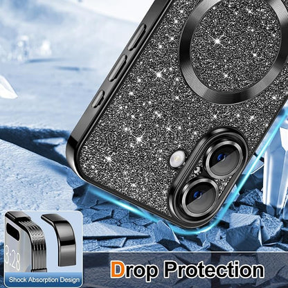 Hython for iPhone 17 Case Glitter Clear Magnetic Phone Cases [Compatible with MagSafe] Full Camera Lens Protector Sparkle Luxury Plating Slim Shockproof Protective Cover Women, Black
