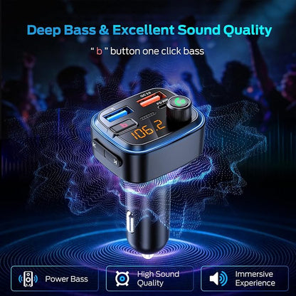 Bluetooth 5.4 Car Adapter, Wireless FM Transmitter with Deep Bass Player, 48W Fast Charging Bluetooth Adapter for Car, Hands-Free Calling & Audio Receiver, MP3 Music Player, Support USB Drive
