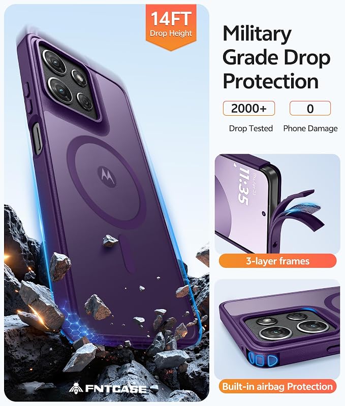 FNTCASE for Moto G Play 2026 / G 2026 / G 2025 Phone Case, Screen Protector | Translucent Matte Magnetic Back, 14FT Military Grade Drop Protection, Shockproof Protective Phone Cover, Purple