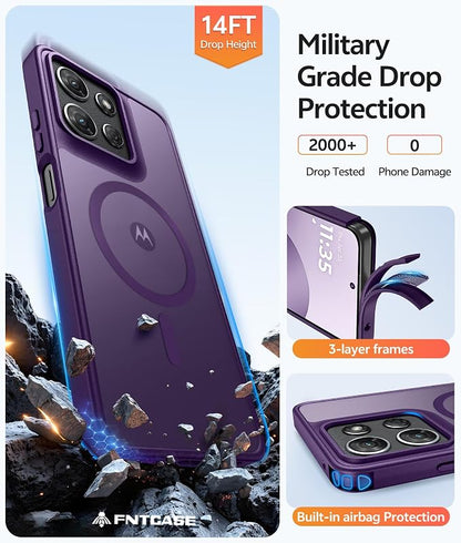 FNTCASE for Moto G Play 2026 / G 2026 / G 2025 Phone Case, Screen Protector | Translucent Matte Magnetic Back, 14FT Military Grade Drop Protection, Shockproof Protective Phone Cover, Purple