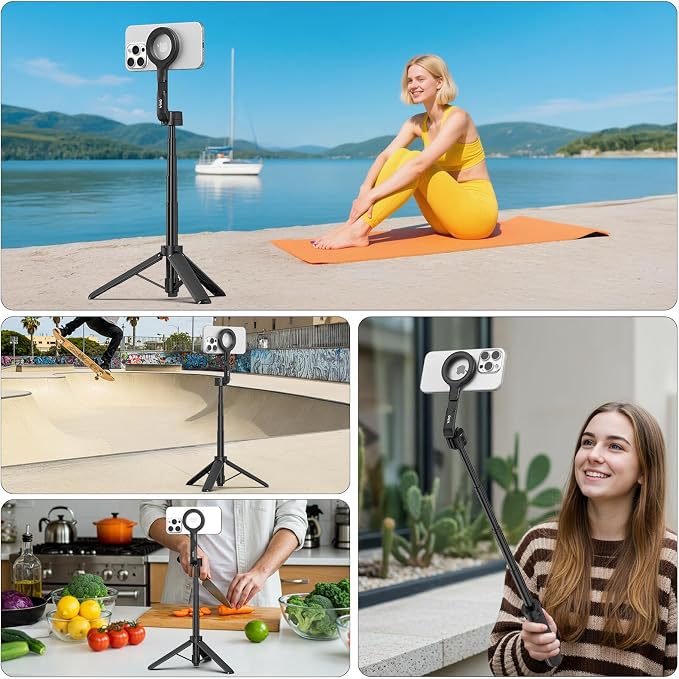 VRIG Magnetic Selfie Stick Tripod for iPhone with Cold Shoe,360 Rotatable Extendable Travel Phone Stand for Video Recording/Vlogging,Strong Holder with Metal Ring for iPhone 12-17/Android
