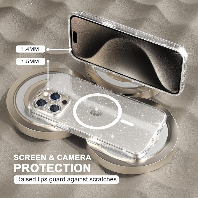 Choiche for iPhone 15 Pro Case Magnetic, Women Clear Glitter Bling Sparkly Case, [3xDiamond Camera Lens Protectors] [2xTempered Glass Screen Protectors] [Compatible MagSafe] (Glitter Clear)