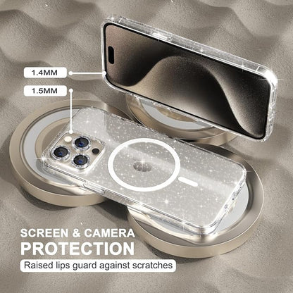 Choiche for iPhone 15 Pro Case Magnetic, Women Clear Glitter Bling Sparkly Case, [3xDiamond Camera Lens Protectors] [2xTempered Glass Screen Protectors] [Compatible MagSafe] (Glitter Clear)