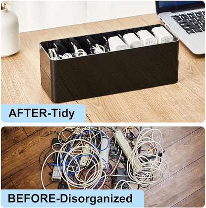 Tatuo 2 Pcs Cord Organizer for Drawer Desktop, Cable Organizer Box with 8 Compartments and Wire Ties, Plastic Charger Storage with Lid, Electronics Case for Home Office Accessories (Small,Black)