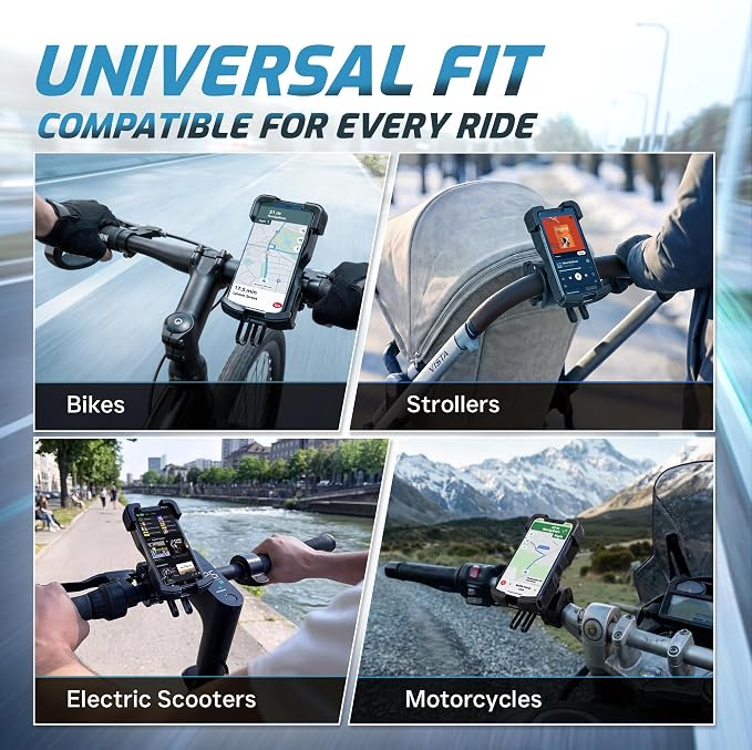 Bike Phone Holder with Built in 5000 mAh Rechargable Battery - Motorcycle Mount, Handlebar Cell Phone Clamp, Scooter Clip for all 4.7 to 6.8" Phone types - iPhone 17, 16, 15 Plus, S20, Smartphones