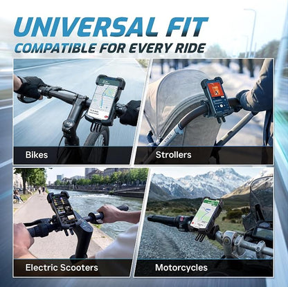 Bike Phone Holder with Built in 5000 mAh Rechargable Battery - Motorcycle Mount, Handlebar Cell Phone Clamp, Scooter Clip for all 4.7 to 6.8" Phone types - iPhone 17, 16, 15 Plus, S20, Smartphones