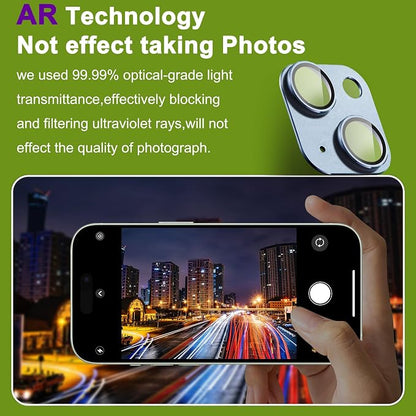 2-Pack Shatterproof Camera Lens Protector for iPhone 15/15 Plus |AR Tempered Glass Strong Adsorption Metal Camera Cover Screen((Light blue)