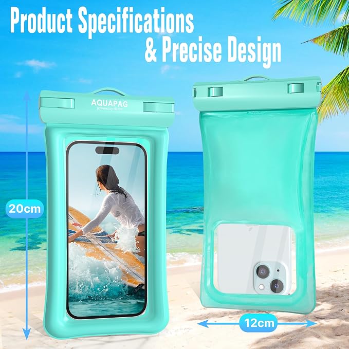 NEPHI IP68 Waterproof Phone Pouch 2 Pack-Up to 8.0"，Adjustable Neck Lanyard Floating Waterproof Phone Case for iPhone,Phone Dry Bags for Vacation Beach Pool Travel Essentials (Aqua Green 4 Pack)
