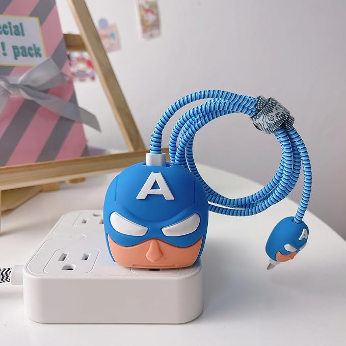 3D Cute Cartoon Charger Protector Case - Compatible for Apple 20W USB-C Power Adapter and Lightning Cable, No.13(4 in1)