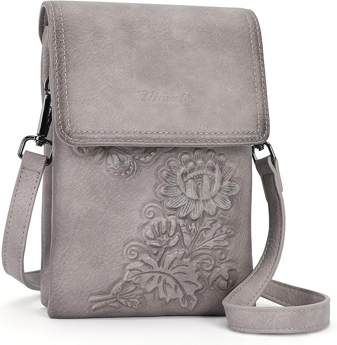 Small Crossbody Bags for Women Trendy Vegan Leather Cell Phone Bag Embossed Flower Design Wallet Purses with Strap