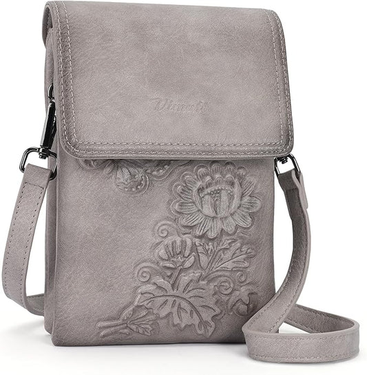 Small Crossbody Bags for Women Trendy Vegan Leather Cell Phone Bag Embossed Flower Design Wallet Purses with Strap
