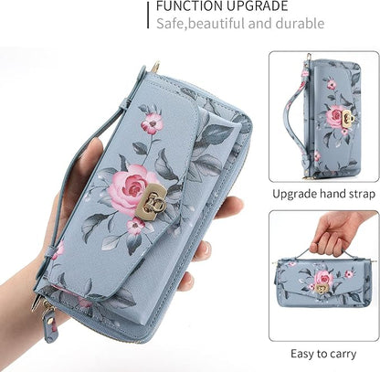 LITOU Compatible for Samsung Galaxy S26 Crossbody Phone Case,Detachable Magnetic,Card Holder,Zipper Leather Wallet Wrist Lanyard Strap Case for Women Men.BlueFlower