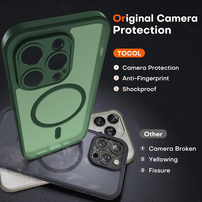 TOCOL Magnetic for iPhone 13 Pro Max Case Upgraded Full Camera Protection Compatible with Magsafe Drop Protection Translucent Matte Back Phone Cover 6.7-Inch, (Alpine Green)