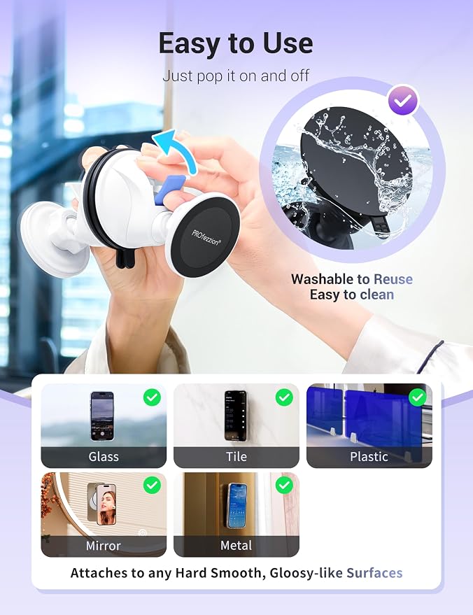 PROfezzion Multi-Surface Suction Mount Detachable Magnetic Phone Holder for Mirror Shower Bathroom Kitchen Window Videos Compatible with MagSafe iPhone 17 16 15 14 13 12 Pro Max & All Phones - Black