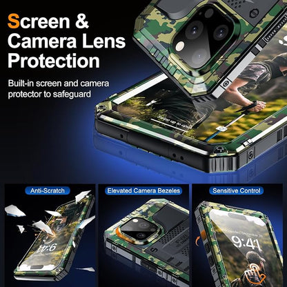 Mitywah Waterproof Case for iPhone 15 Pro, Heavy Duty Shockproof Case with Built-in Screen Protector, Full Body Underwater Protective Metal Case 6.1 inch, Camouflage