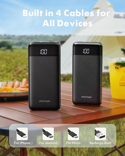charmast 2 Pack 10000mAh Portable Charger, Power Bank with Built-in 4 Cables, 6 Outputs & 3 Inputs, Battery Pack with Digital Display, Travel Essential for iPhone All Series & Android, Family Sharing