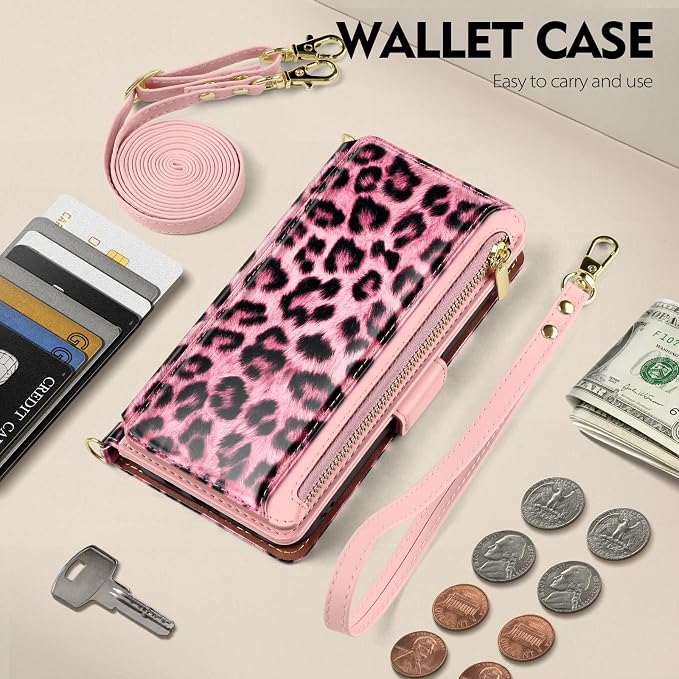 Antsturdy Compatible with iPhone 15 Wallet Case for Women【RFID Blocking】 Crossbody Phone Case PU Leather Zipper Wrist Strap Flip Cover Credit Card Holder Slots,for Apple 15 6.1",Leopard-Pink