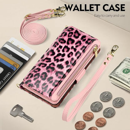 Antsturdy Compatible with iPhone 15 Wallet Case for Women【RFID Blocking】 Crossbody Phone Case PU Leather Zipper Wrist Strap Flip Cover Credit Card Holder Slots,for Apple 15 6.1",Leopard-Pink