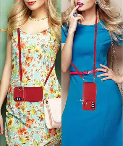 Wallet Case for Samsung Galaxy A34 5G with Shoulder Strap Ring Buckle, Luxury PU Leather Zipper Flip Organ Purse Credit Card Holder Stand Full Body Cell Phone Cover for A 34 34A Women Men Red
