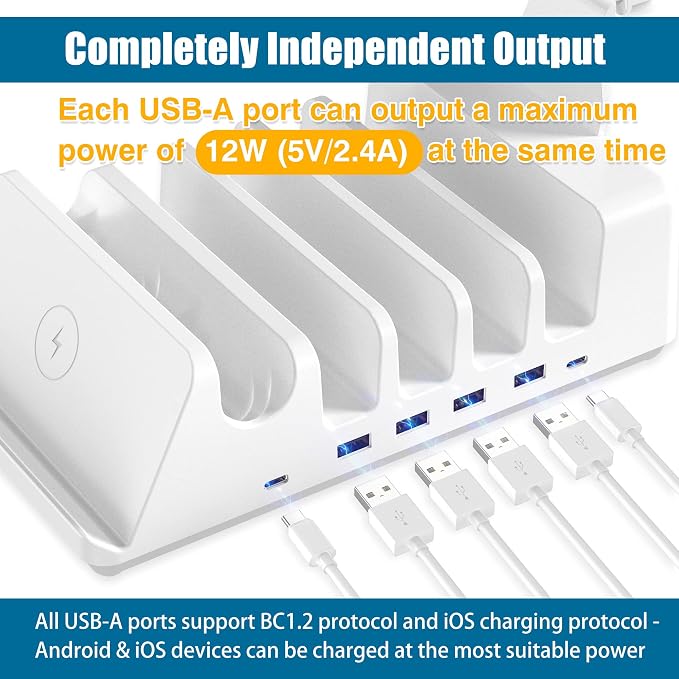 AGVEE 140W 9in1 Multi USB Charging Station Organizer Family Block Hub with Multi Cables, 3 Wireless Charger Dock for Apple iPad iPhone Cell Phone Samsung Android Tablet Multiple Devices, White