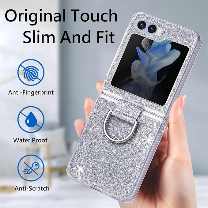 Bling Glitter Case for Samsung Galaxy Z Flip 6 with Ring Holder,Women Girls Cute Phone Case Non Slip Ultra Slim TPU Bumper Shockproof Protective Case for Galaxy Z Flip 6 5G 2024,Silver