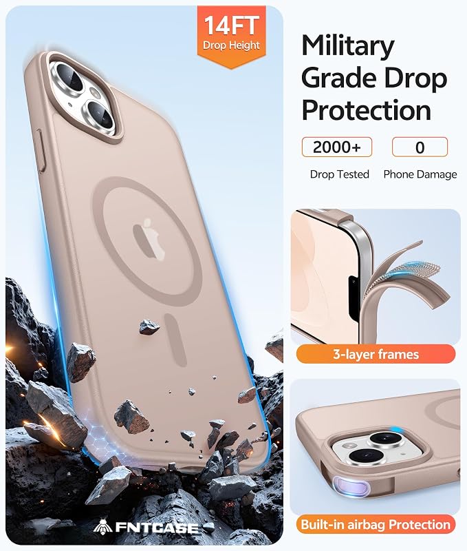FNTCASE for iPhone 15 Plus Case: for iPhone 14 Plus Case [Compatible with Magsafe] Translucent Matte Cases with [Screen Protector] Military Grade Shockproof Protective Phone Cover - Desert Gold