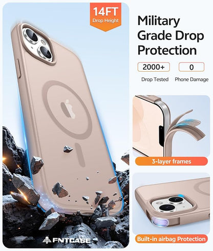 FNTCASE for iPhone 15 Plus Case: for iPhone 14 Plus Case [Compatible with Magsafe] Translucent Matte Cases with [Screen Protector] Military Grade Shockproof Protective Phone Cover - Desert Gold