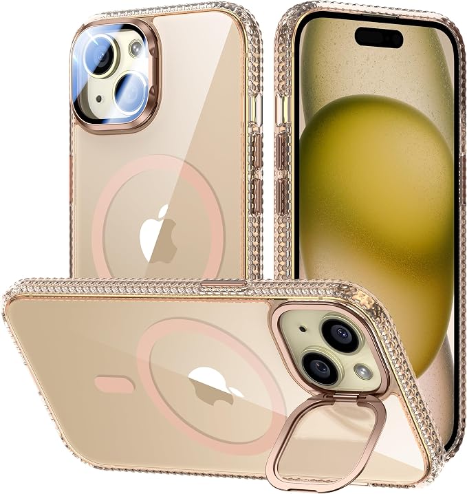 [Upgraded] for iPhone 15 Case with Camera Cover Stand [Fit for MagSafe][9H Camera Lens Protector] Mil-Grade Protection Transparent Magnetic iPhone 15 Phone Case, Clear Gold