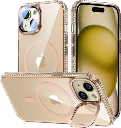 [Upgraded] for iPhone 15 Case with Camera Cover Stand [Fit for MagSafe][9H Camera Lens Protector] Mil-Grade Protection Transparent Magnetic iPhone 15 Phone Case, Clear Gold