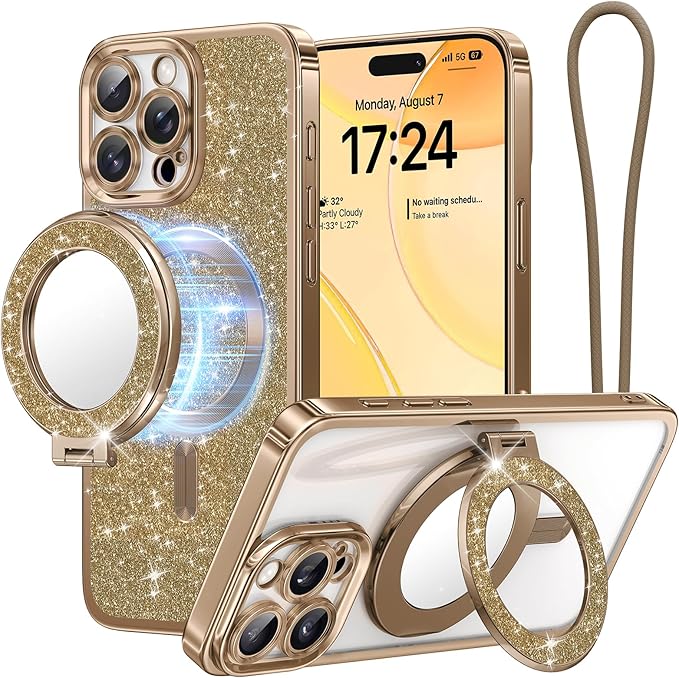 Meifigno Magnetic Case for iPhone 16 Pro 6.3'' with Removable Phone Ring Stand, [Glitter Card & Wrist Strap] [MagSafe Compatible] [Built-in Mirror] Phone Ring Stand + Phone Case Kit, Desert Titanium