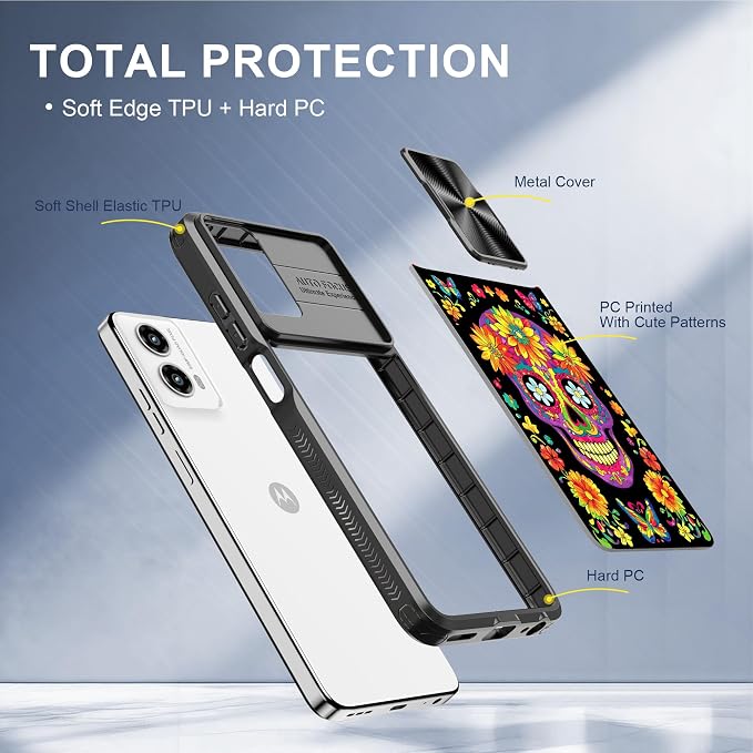 for Motorola Moto G 5G 2024 Case with A Vibrant Sugar Skull, Metal Slide Camera Cover, Screen Protector, Anti-Peeping Privacy Safeguard, Camera Lens Protector Phone Case for Moto G 5G 2024