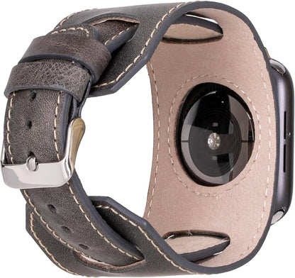 HARDISTON Cuff Watch Band Compatible with Apple 49mm for Men & Women, Handmade Genuine Leather, Compatible with iWatch Series 11 10 9 8 7 6 5 4 3 2 1 SE Ultra, Wrist Bracelet Band, Medium/Band-Grey